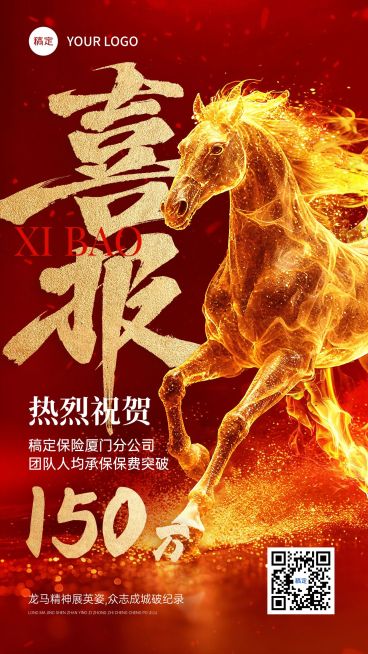 马年金融开门红业绩喜报红金竖版海报AIGC预览效果
