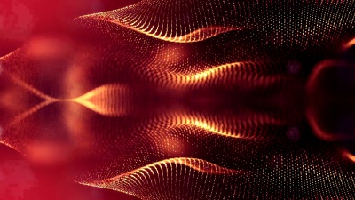 3D循环动画作为科幻小说背景的发光粒子与景深和bokeh为主播循环。粒子形成线和表面网格。V5红金