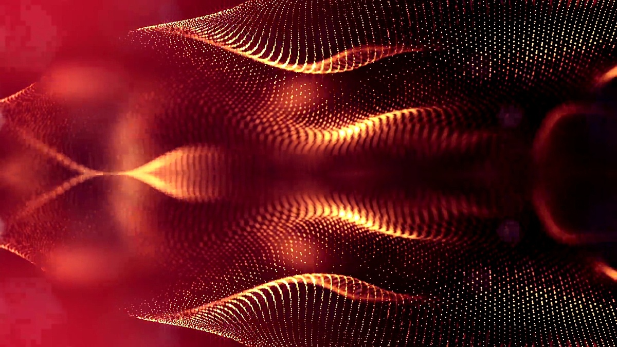 3D循环动画作为科幻小说背景的发光粒子与景深和bokeh为主播循环。粒子形成线和表面网格。V5红金