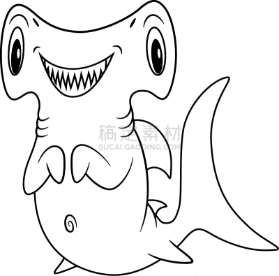 绘画插图,吉祥物,白色背景,水下,双髻鲨,海洋,卡通,可爱的,捕猎行为,分离着色