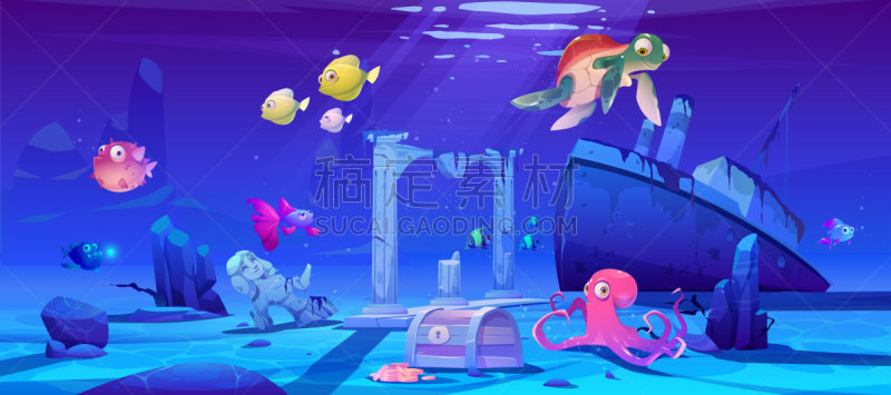 船,水下,鱼类,海洋,凹陷的,地形,可爱的,深的,在底端,野生动物