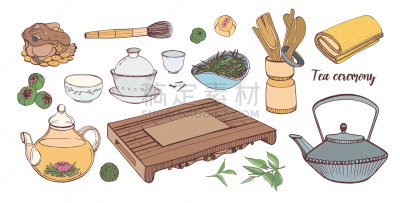 茶,传统,亚洲,工具,茶叶,插画,饮料,华丽的,收集,复古