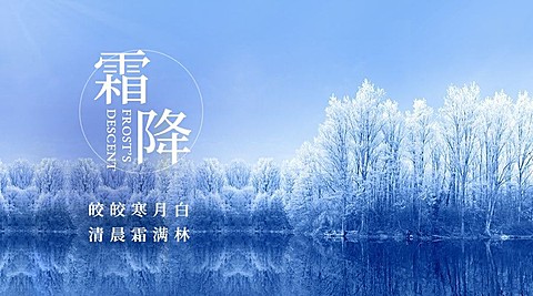 霜降节气祝福问候实景冰霜横版海报
