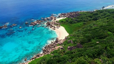 鸟瞰，空天堂热带海滩，拉迪格岛，塞舌尔。