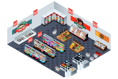 食品杂货,超级市场,商店,饮料,蔬菜,肉,海产,室内,图像,矢量