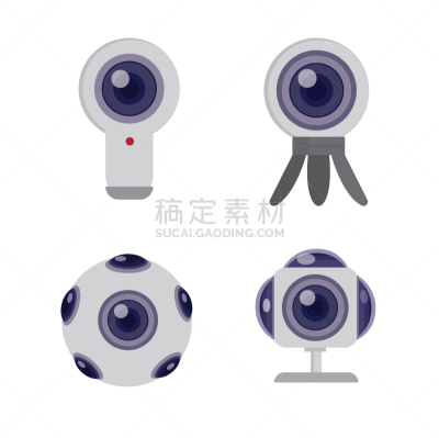 VR360,相机,平坦的,图标集,粉饼,技术,网络空间,现代,移动式,设备用品
