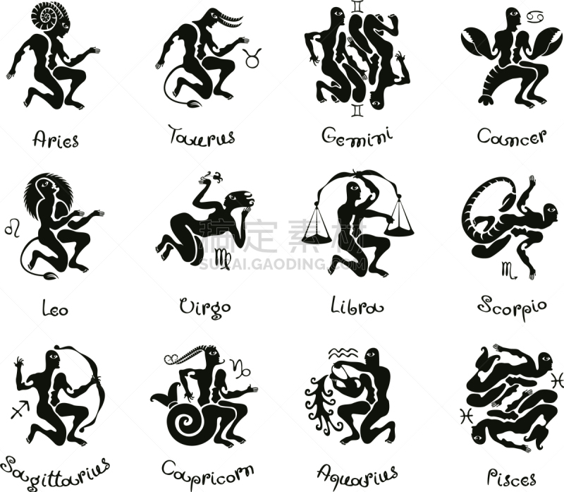 古董,十二宫图,时尚,数字12,华丽的,天秤座,箭术,水瓶座,狮子,女人