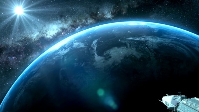 太空中的宇宙飞船在距离有一颗明亮恒星的行星轨道上运行