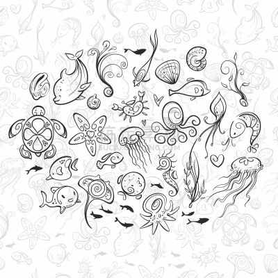 海洋,动物,可爱的,魟鱼,海星,海马,艺术,船,设计