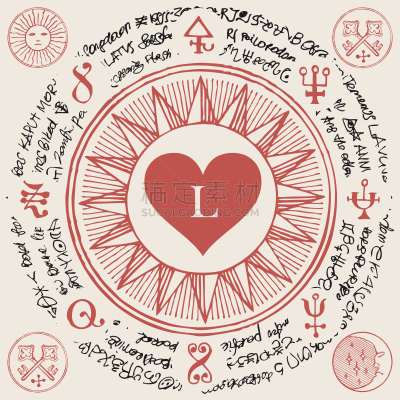 古典式,红色,符号,魔法符咒,布告,心型,神符,浪漫,复古风格,吉祥物