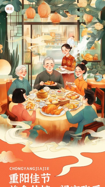 餐饮美食重阳节祝福问候细描边插画全屏竖版海报AIGC