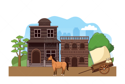 western town scenery with wooden buildings horse