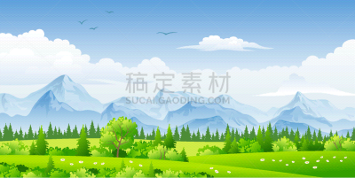 全景,地形,山,图像,动物,鸟类,矢量,植物,树,剪影