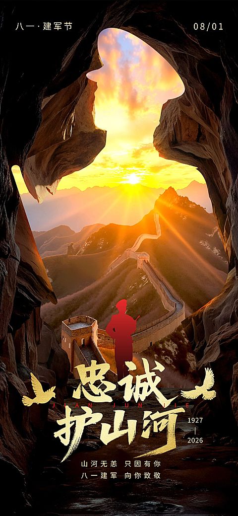 建军节节日祝福宽阔感实景感全屏竖版海报AIGC
