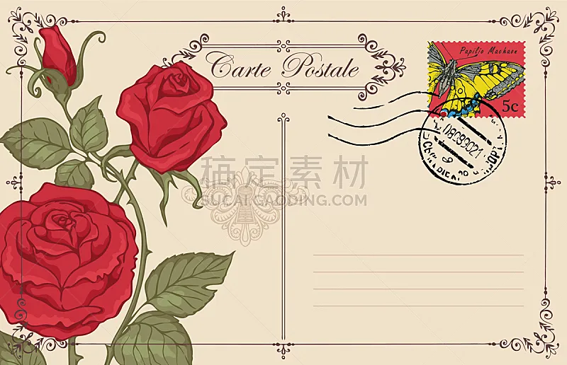 红色,贺卡,蝴蝶,玫瑰,橡皮章,明信片,卷着的,华丽的,自然美,复古