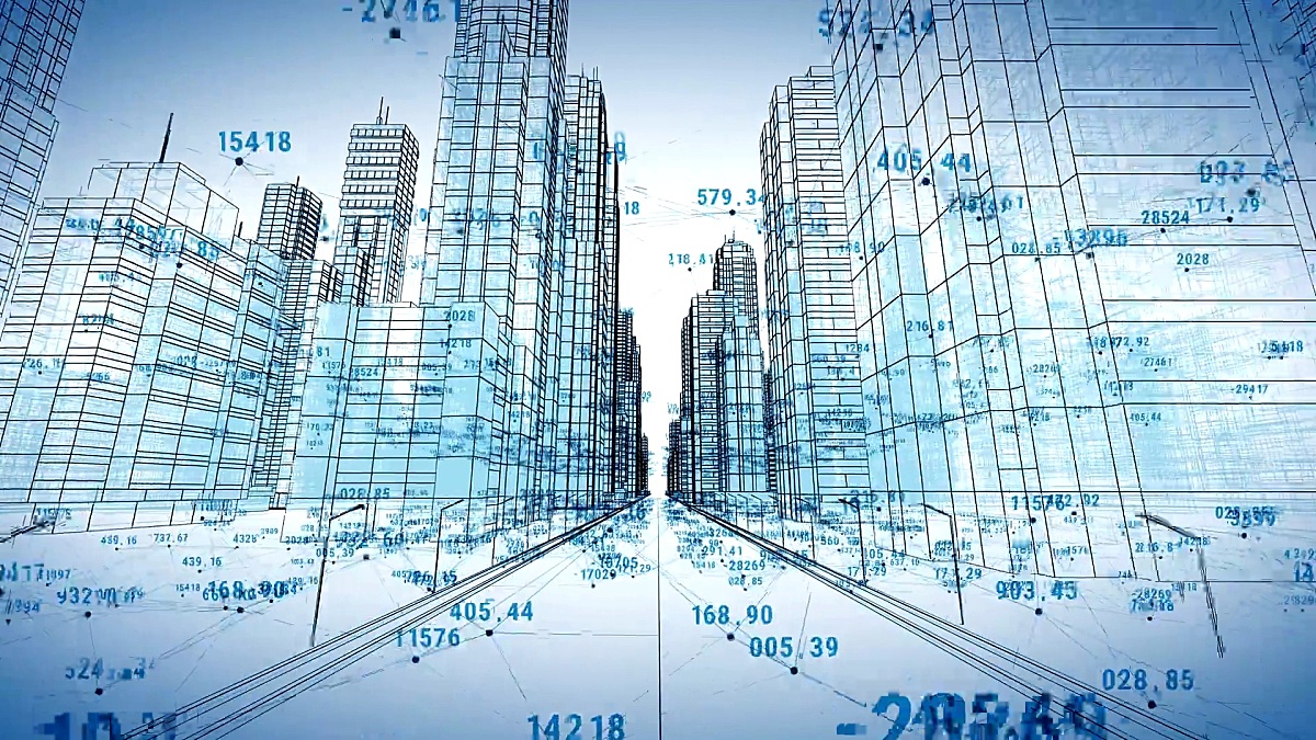 抽象数字城市与数字和网格。飞过3D蓝图。业务和技术概念。蓝色3D动画。