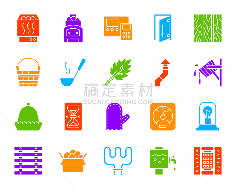 设备用品,符号,桑拿浴,彩色图片,连指手套,长柄勺,灯罩,公共浴室,品牌名称,剪影