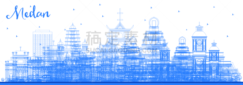 印度尼西亚,城市天际线,轮廓,建筑外部,蓝色,棉兰,商务,细的,现代,著名景点