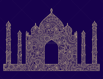 绘画插图,建筑,印度,陵墓,矢量,清真寺,充满的,花,剪影