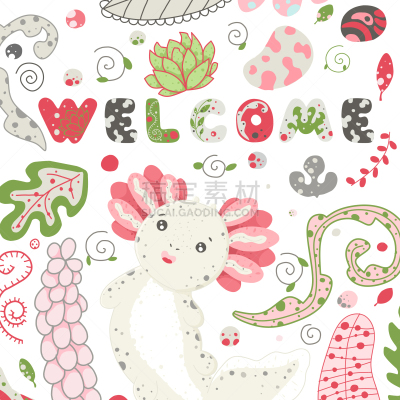 可爱的,Axolotl,可爱,绘画插图,植物群,蜥蜴,小的,动物,两栖纲,爱