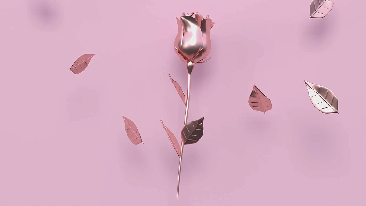 粉色平铺场景金属金色最小抽象动作3D渲染玫瑰/花卉节日爱情情人节概念