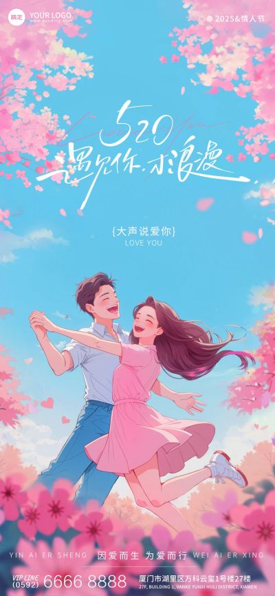 520情人节唯美感情侣自行车鲜花插画海报