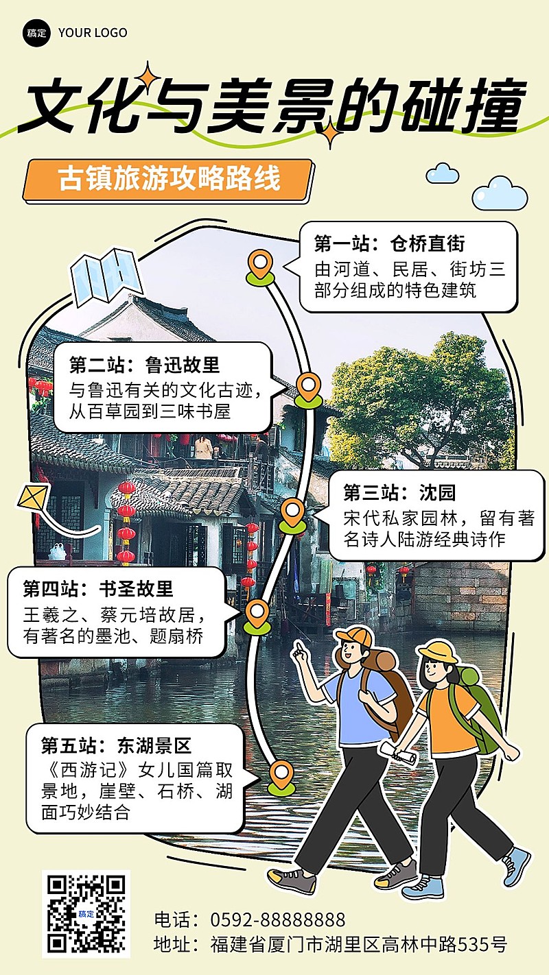 旅游出行古镇攻略指南线路插画手机海报