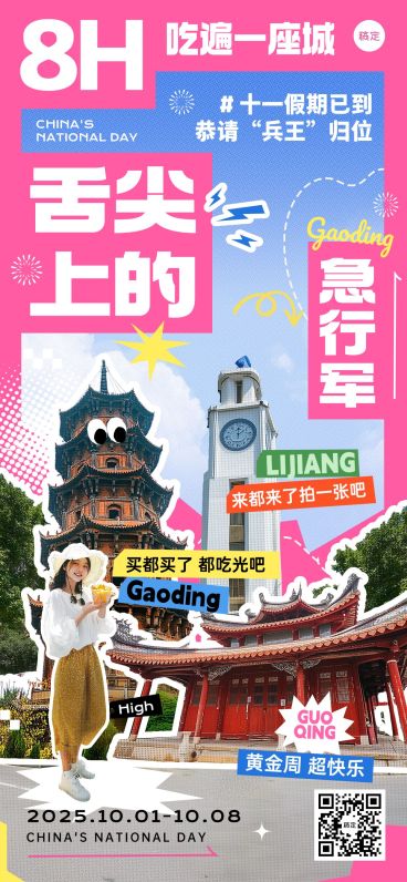 国庆节营销黄金周旅游出行趣味感全屏竖版海报AIGC预览效果