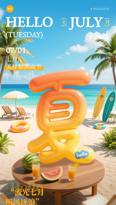 7月你好月初问候日签海报清新感AIGC