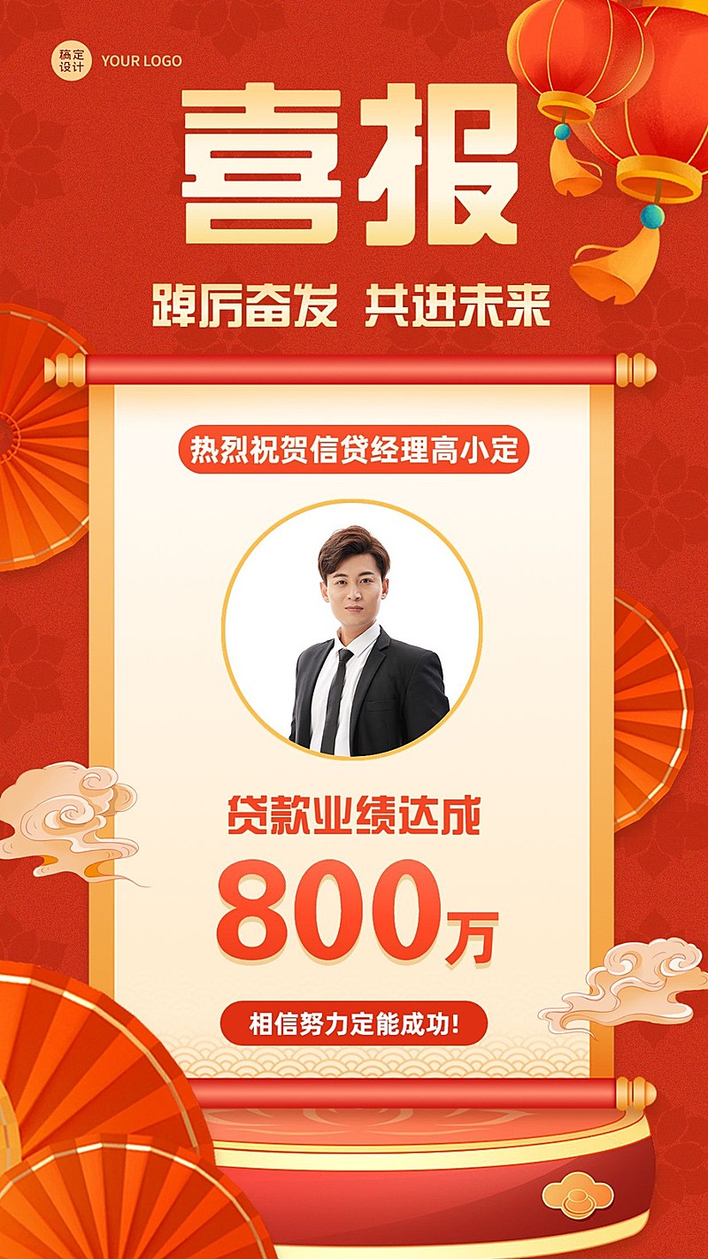 金融贷款业绩表彰喜报人物中国风手机海报