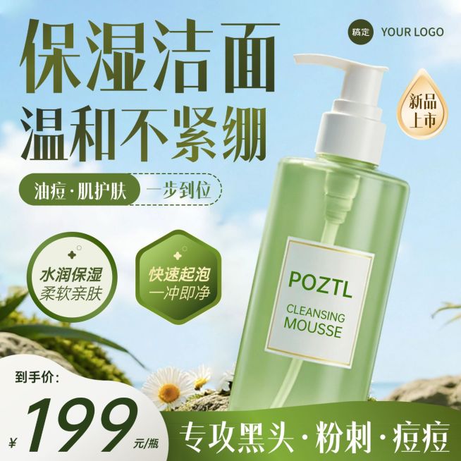 洁面洗面奶美妆洗护绿色商品主图AIGC预览效果