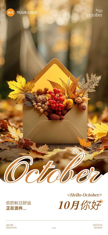 10月你好月初问候文艺感全屏竖版海报AIGC预览效果