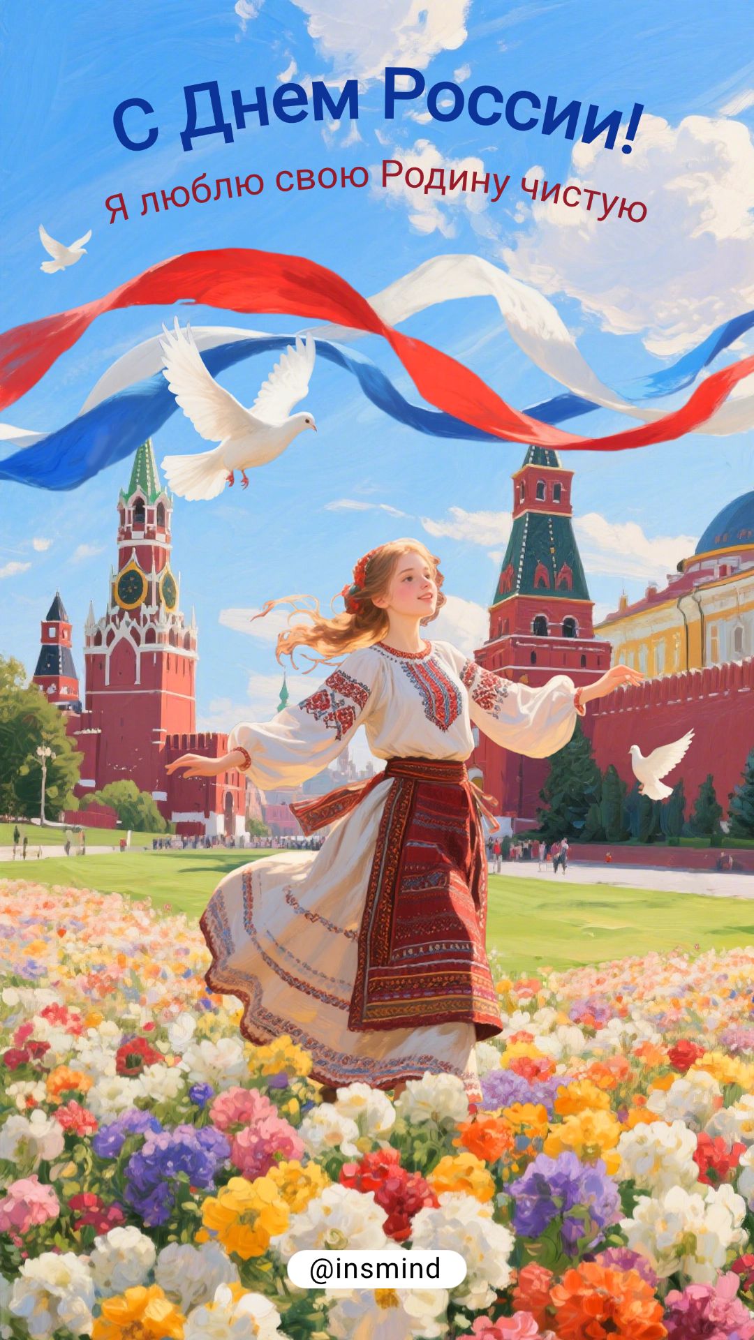 Russia Day Holiday Greetings Traditional Dress Girl with Flowers and Buildings Oil Painting Illustrations Instagram Story Image