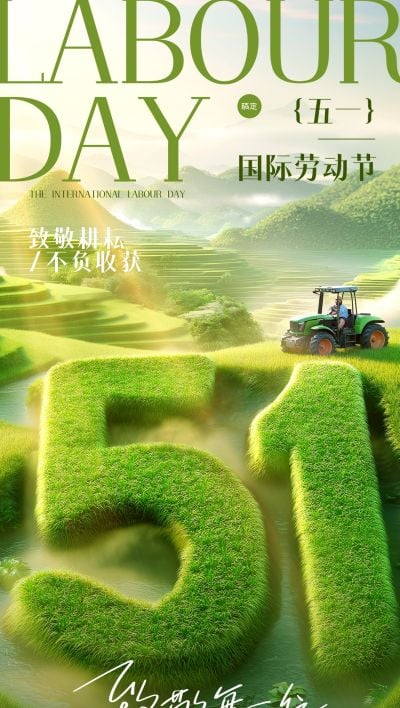 劳动节光影51草地创意字型海报AIGC