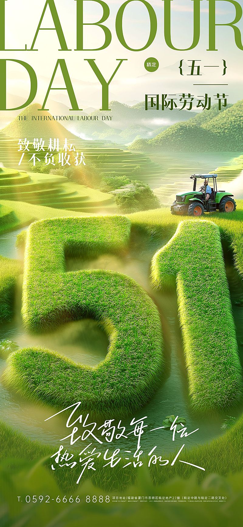 劳动节光影51草地创意字型海报AIGC