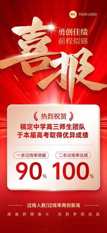 高考喜报喜庆红金教育培训录取人数全屏海报预览效果