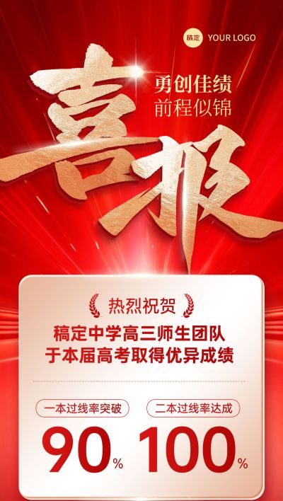 高考喜报喜庆红金教育培训录取人数全屏海报