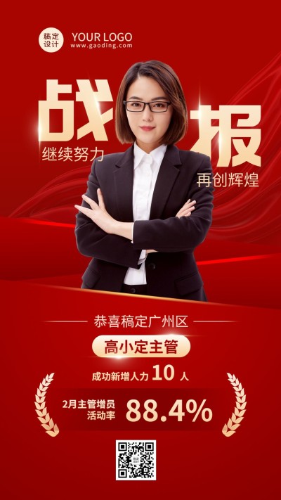 金融保险增员表彰喜报红金风人物手机海报