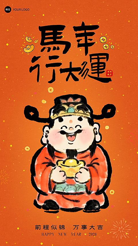 春节节日祝福喜庆感手绘财神通用竖版海报