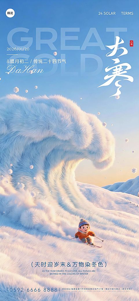 大寒节气祝福通用毛绒海浪全屏竖版海报