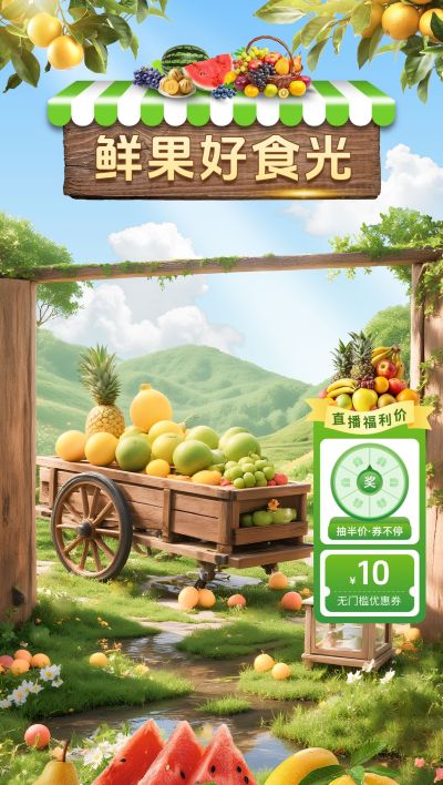 夏季生鲜果蔬实景清新感水果果园直播背景贴片组合aigc