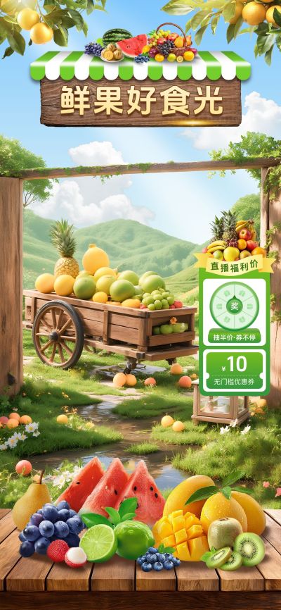 夏季生鲜果蔬实景清新感水果果园直播背景贴片组合aigc