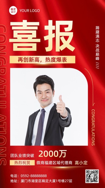 微商代理销售业绩表彰人物喜报手机海报预览效果