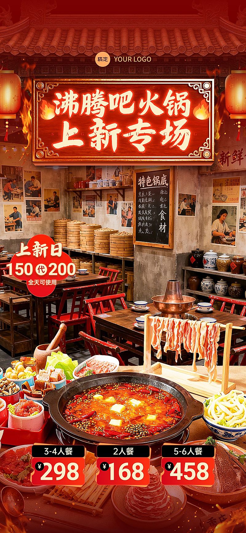 双11火锅店餐饮门店直播间背景贴片组合AIGC