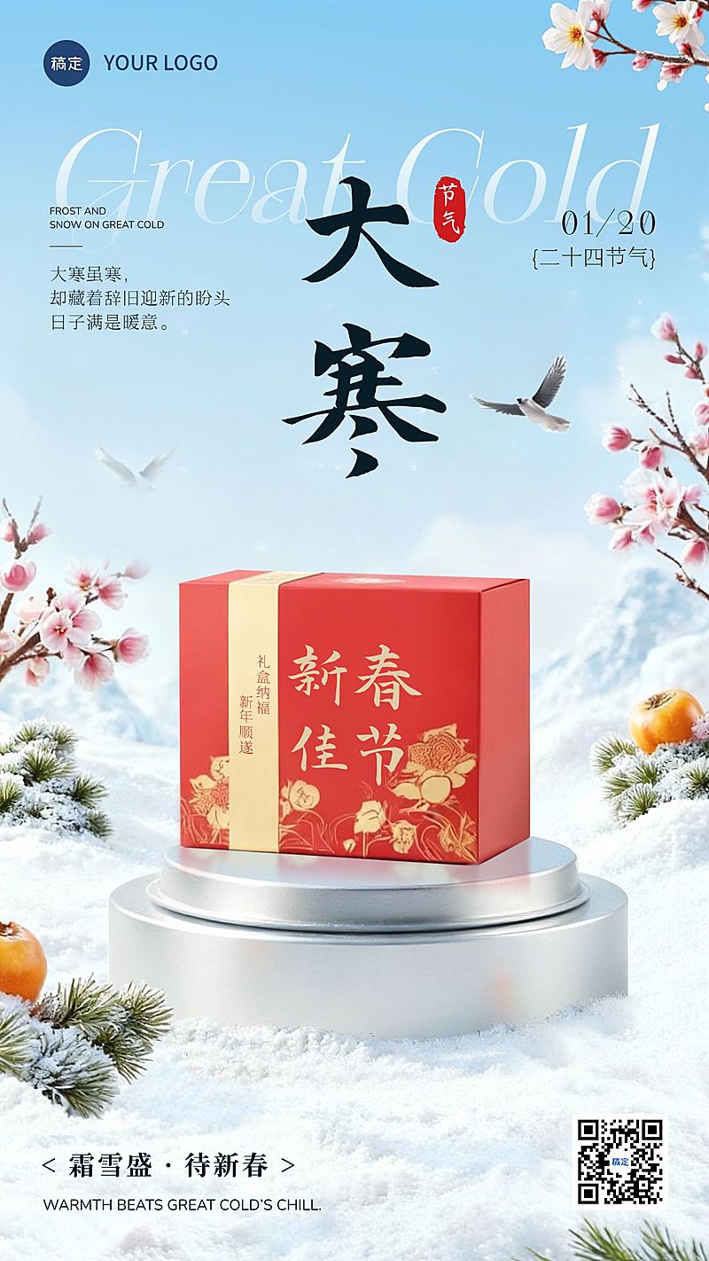 大寒节气祝福实景感雪景产品展台竖版海报