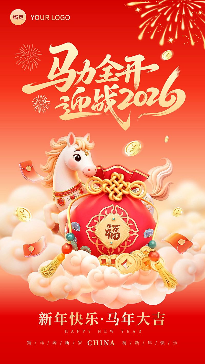 春节节日祝福通用趣味感喜庆感竖版海报