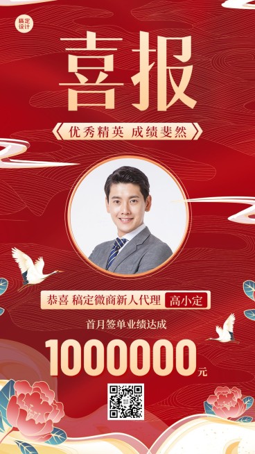 微商代理签单业绩表彰人物喜报中国风手机海报预览效果
