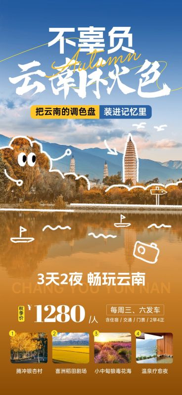 旅游出行云南秋季露营线路营销涂鸦风全屏海报预览效果