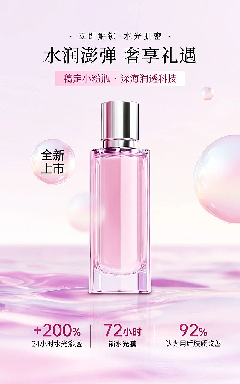 电商美容美妆产品展示营销轻奢水波光感电商竖版海报AIGC
