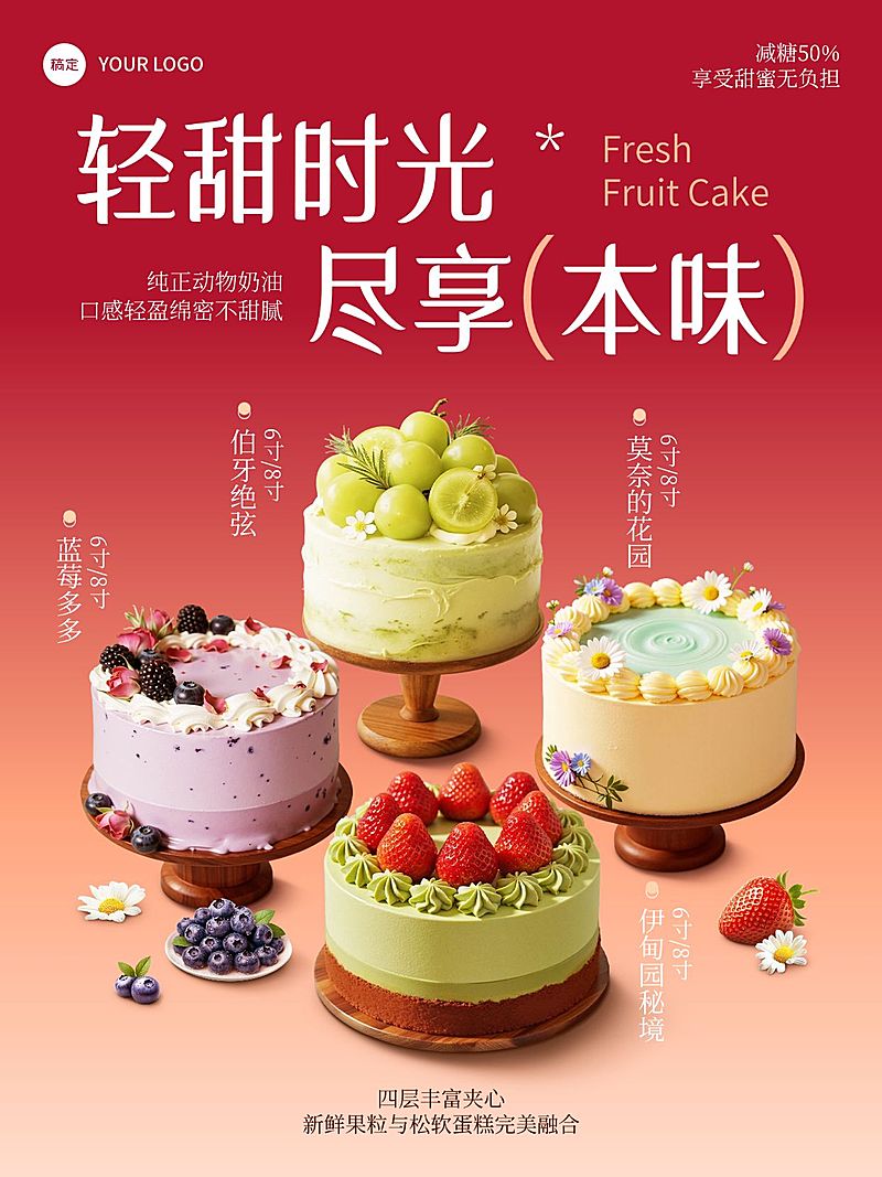 美食餐饮暖色系水果蛋糕产品营销竖版海报